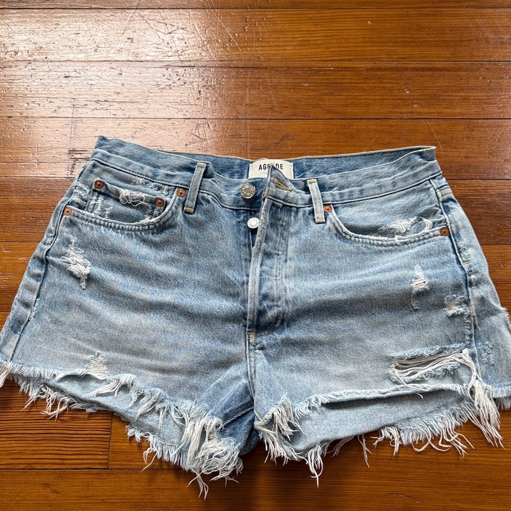 Agolde Light Wash Distressed Denim Cutoff Shorts